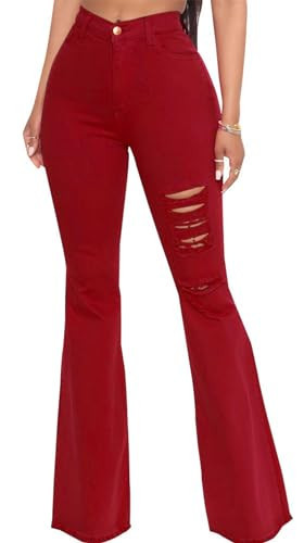 vunahzma Women's Flare Bell Bottom Fashion Red Jeans Knee Fitted Destroyed Flare Denim Pants 70s Outfits for Women (XXX-Large, Red-4016) | Amazon (US)