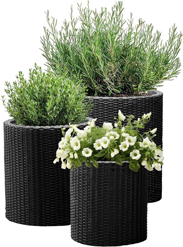 Keter Cylinder Set of 3 Rattan Resin Planter for Indoor and Outdoor Plants Ideal Decorative Plant... | Amazon (US)
