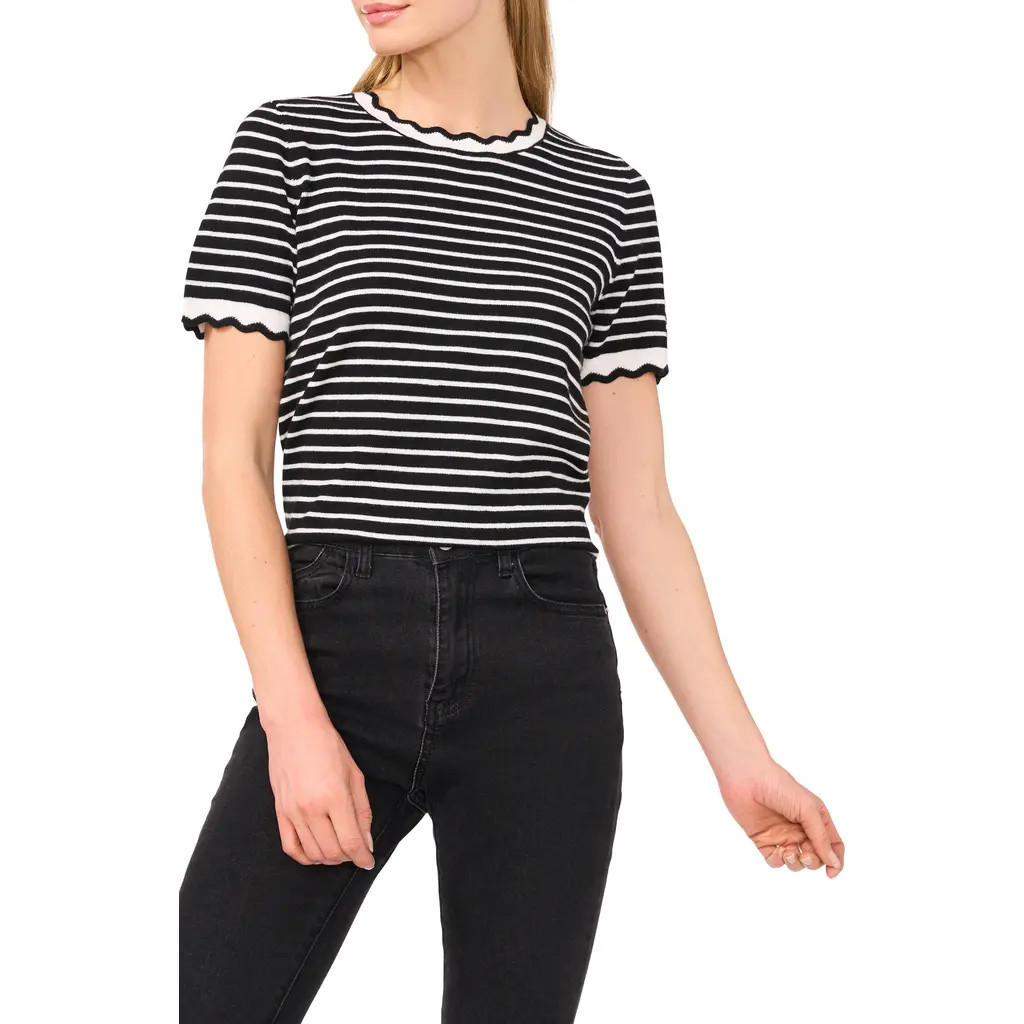 CeCe Stripe Scallop Neck Sweater in Rich Black at Nordstrom, Size X-Small | Nordstrom