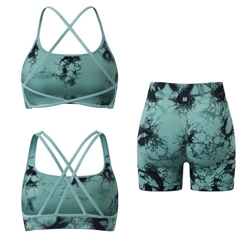 SUUKSESS Women 3 piece Seamless Workout Sets Padded Strappy Sports Bra Booty Athletic Shorts Set (Deep Green Tie Dye, L) | Amazon (US)