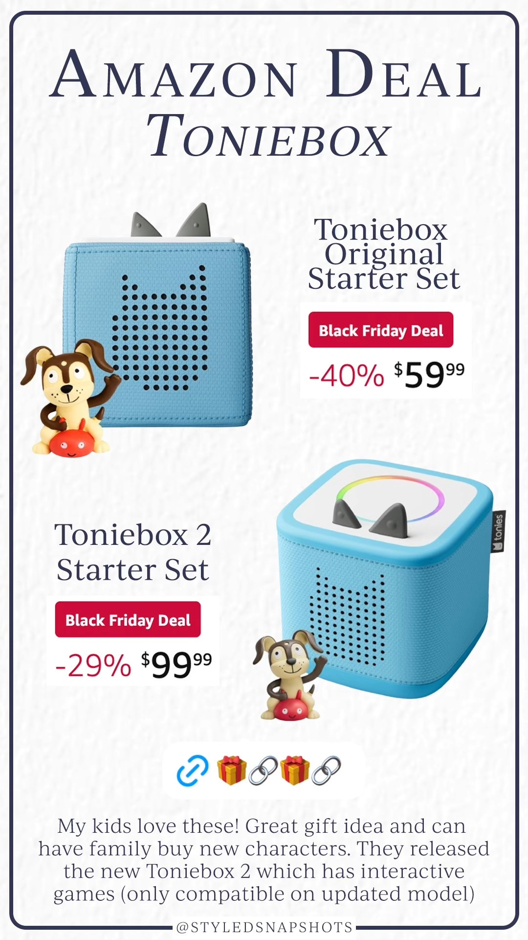 Toniesbox deal on Amazon! They launched a new model that now has interactive games 

#LTKGiftGuide #LTKSaleAlert #LTKCyberWeek