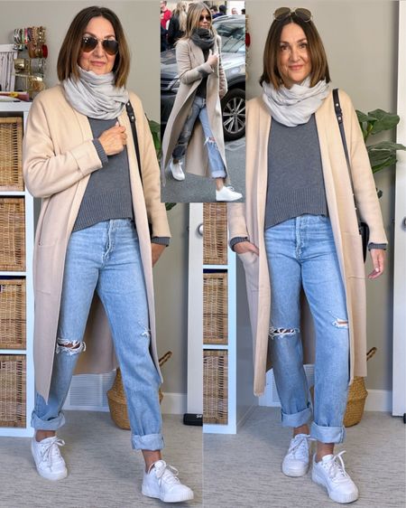 Pinterest inspo - spring layers edition!
I wear this long cardigan so much, it’s the perfect light layer and really nice quality! I have it in 4 colors and it’s fit tts, I sized up to M for a bit more room and the sleeves are a bit long on me (I’m 5’ 7).
My jeans are an older style but I found them in stock, also linked similar and the same style in another wash. They fit relaxed, I went down one size. 
I folded in the sides then cuffed them and used the micro stitch to hold everything in place! 
My white sneakers are my most worn sneakers and so versatile! Fit tts and so comfortable.
My bag is pricy but real leather, great quality and such a classic style.
My aviators are Ray Ban 55mm.
My scarf is old but I linked similar.
Also linked my sweater but looks like it’s currently unavailable 


#LTKitbag #LTKstyletip #LTKshoecrush