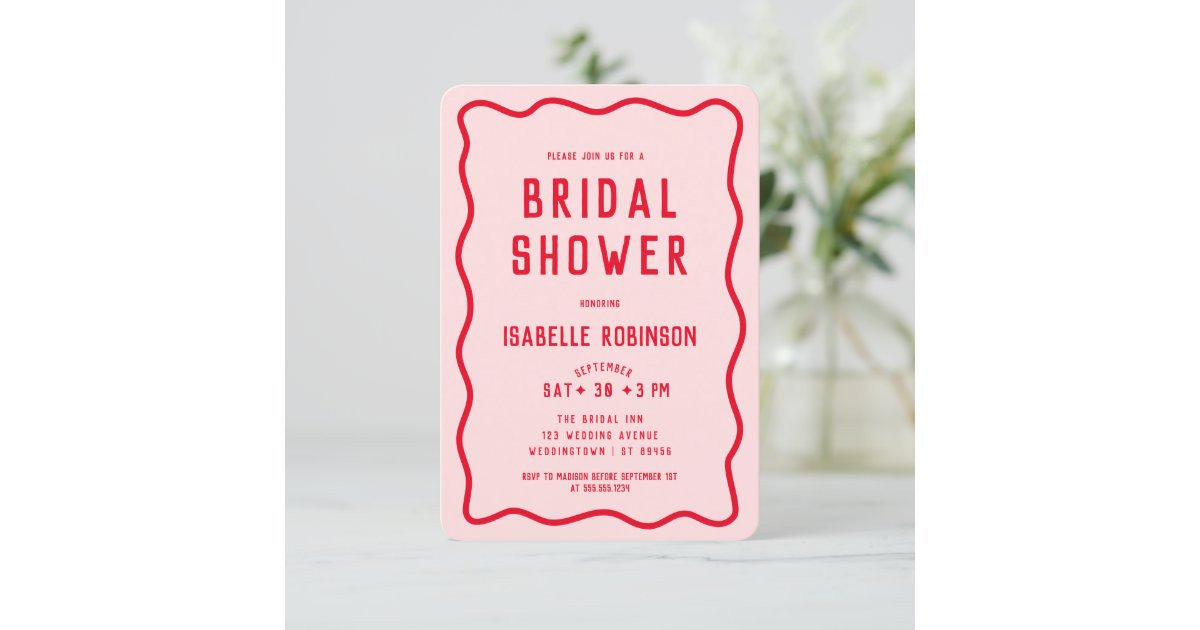 Modern Simple Pink Red Squiggle Wavy Bridal Shower Invitation | Zazzle | Zazzle