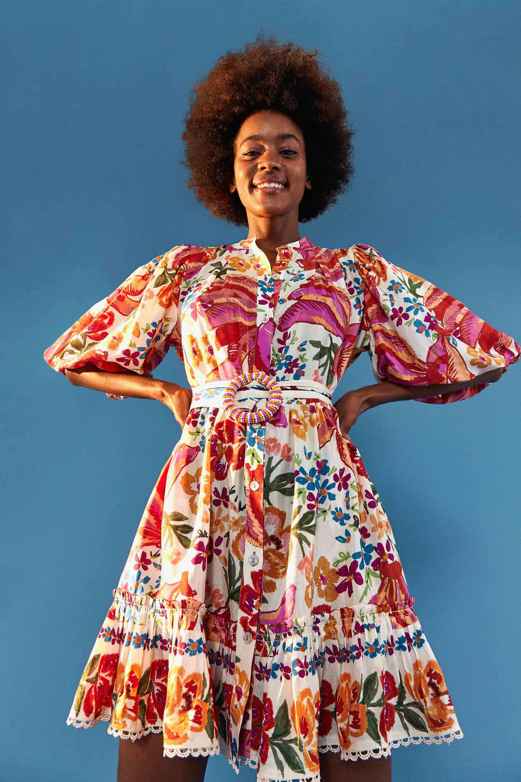 WHITE SPRING BANANAS BELTED MINI DRESS | FarmRio (US)