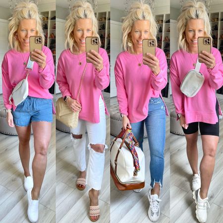 I love the bubble gum pink sweatshirt that has the best side slit! It comes in 2 other colors and I think it transitions into spring perfectly!!!
Sweatshirt small
Jean shorts small
White jeans 6
Jeans 2
Bike shorts medium

#LTKFind #LTKunder50 #LTKstyletip