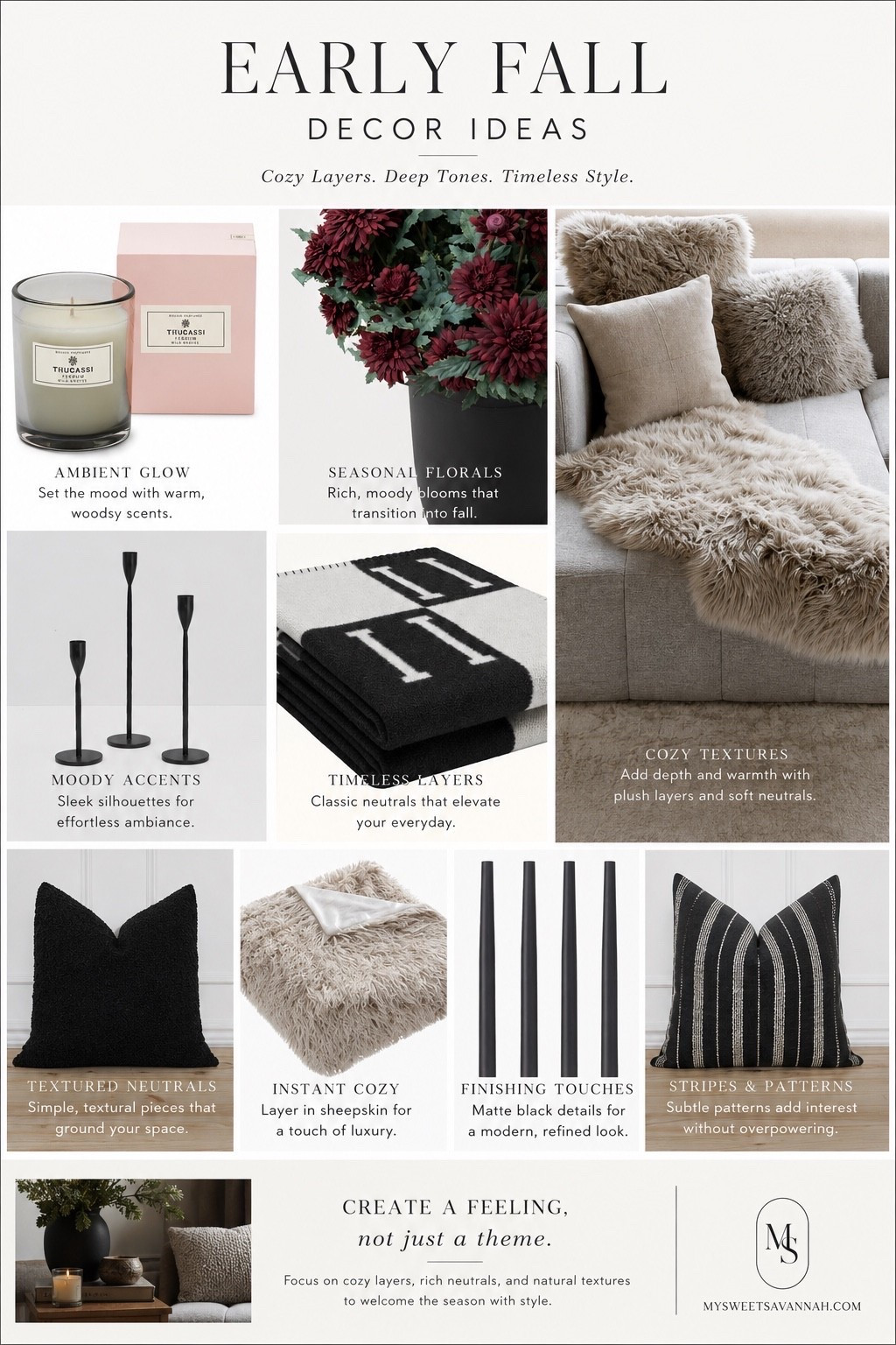 Early Fall Decor Ideas | Cozy Layers for a Designer Home

If you’re not quite ready for pumpkins but you’re craving that cozy feeling, this look is for you. Early fall is all about layering rich textures, warm candlelight, deep florals, soft throws, and timeless neutral accents that make your home feel inviting without looking overly seasonal.

I’ve rounded up my favorite pieces to create that elevated designer look—from faux florals and cozy sheepskins to beautiful candles, textured pillows, and matte black accents. These are the kinds of staples you’ll enjoy all season long.

Save this collection for when you’re ready to bring a little cozy into your home.

#LTKHome #LTKSaleAlert #LTKSeasonal