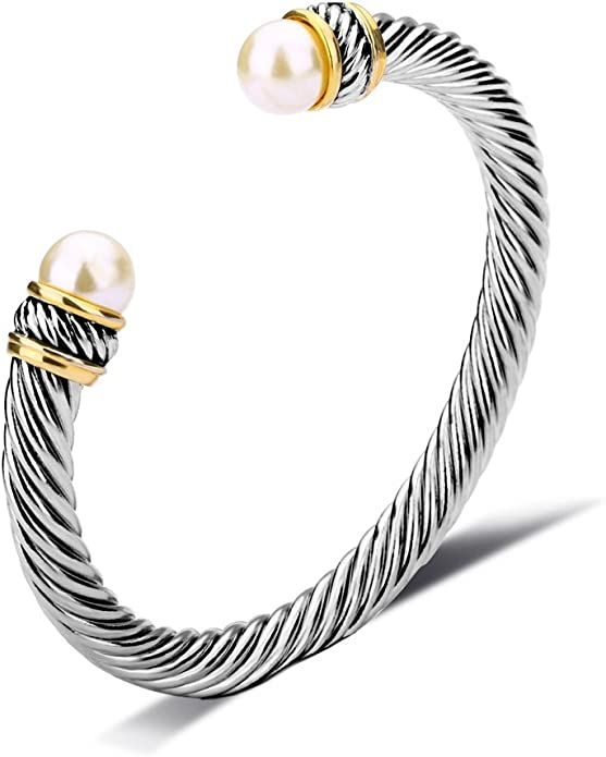 UNY Fashion Jewelry Brand Cable Wire Bangle Elegant Beautiful Imitation Pearl Valentine | Amazon (US)