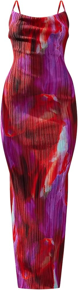 Cowl Neck Printed Plisse Maxi Dress Sleeveless Tank Dress Summer Beach Dresses | Amazon (US)