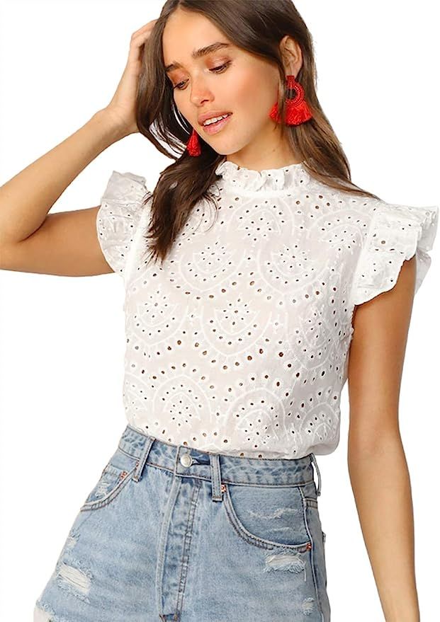 Romwe Women's Sleeveless Ruffle Stand Collar Embroidery Button Slim Blouse Top | Amazon (US)