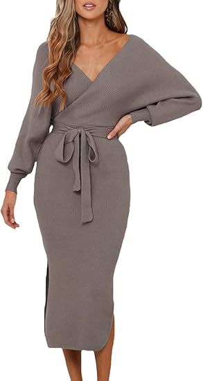 Fixmatti Women's Elegant V Neck Wrap Knit Dresses Batwing Sleeve Backless Slit Maxi Dress with Be... | Amazon (US)