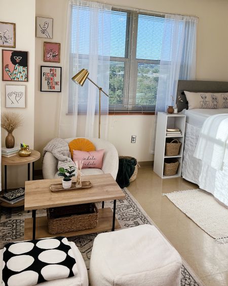 Dorm, dorm decor, end table, coffee table, bookcase, wall art, bedding, ottoman,  lighting, lamp 