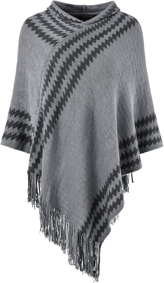 Ferand Women's Hooded Zigzag Striped Knit Cape Poncho Sweater with Fringes | Amazon (US)