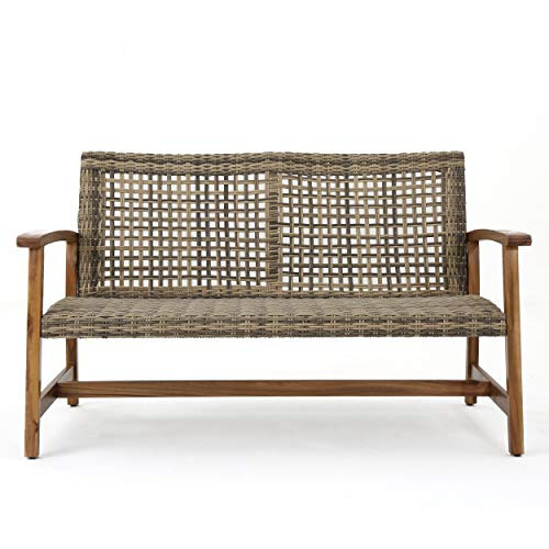 Marcia Outdoor Wood and Wicker Loveseat, Natural Finish with Gray Wicker | Amazon (US)
