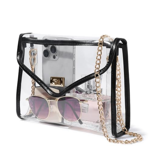 Clear Purse for Women Stadium Approved, Clear Crossbody Bag with Leather Edging for Concert Sports Events (Black - Gold Chain) | Amazon (US)