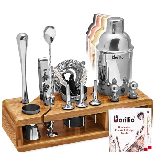 Barillio Bartender Kit - Stainless-Steel Cocktail Shaker Set w/Bamboo Stand - Mixology Bar Tools w/Drink Shaker, Mixer Spoon & Muddler for Cocktails - Home Bar Accessories - 23-Pc Bar Set - Silver | Amazon (US)
