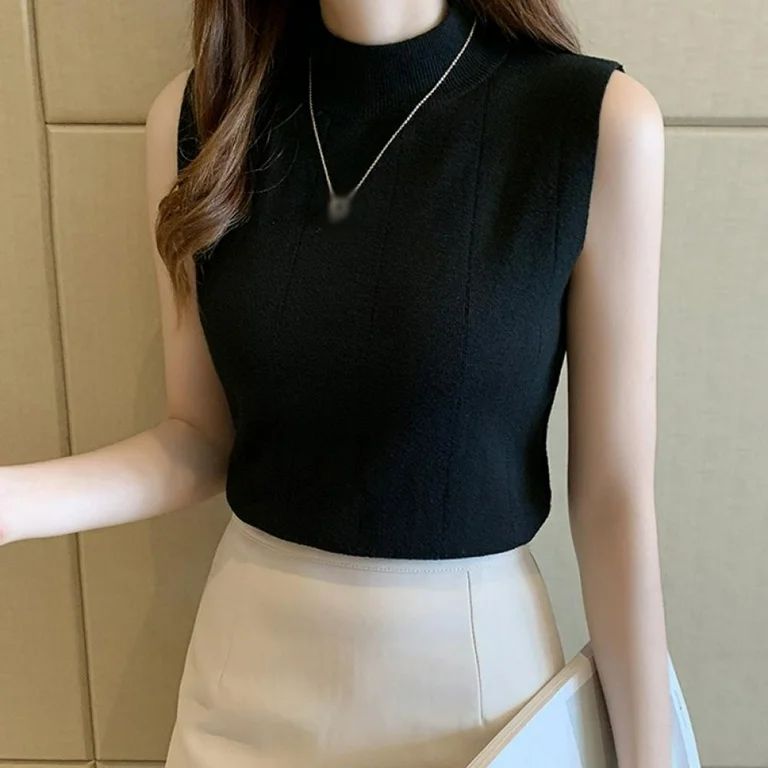 Women's Solid Half Turtleneck Fashion Slim Knitted Sleeveless Pullover Crop Tank Top T-Shirt - Wa... | Walmart (US)