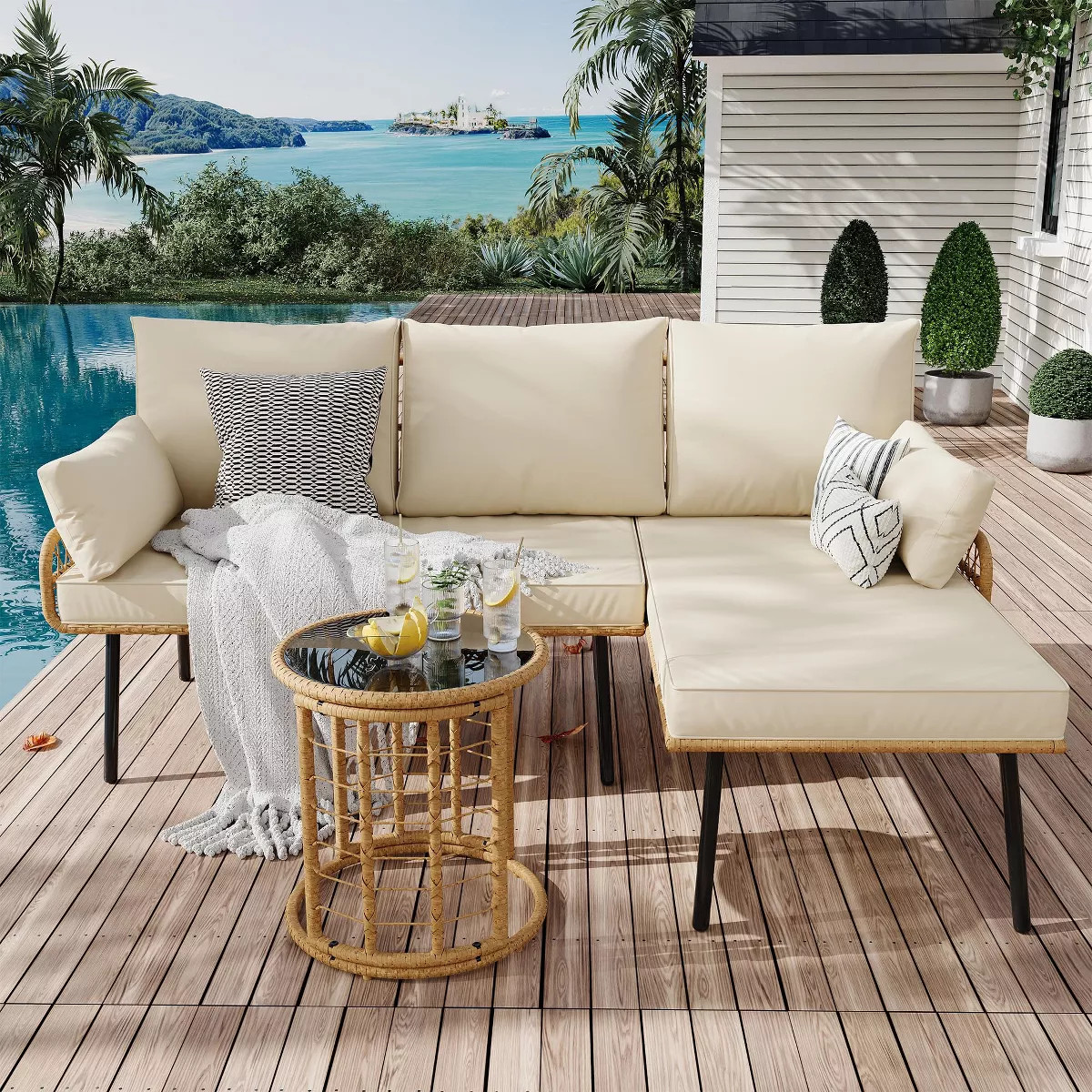 3-Piece Outdoor Sectional Sofa Set, L-Shaped Waterproof Wicker Furniture with Cushions & Glass Si... | Target