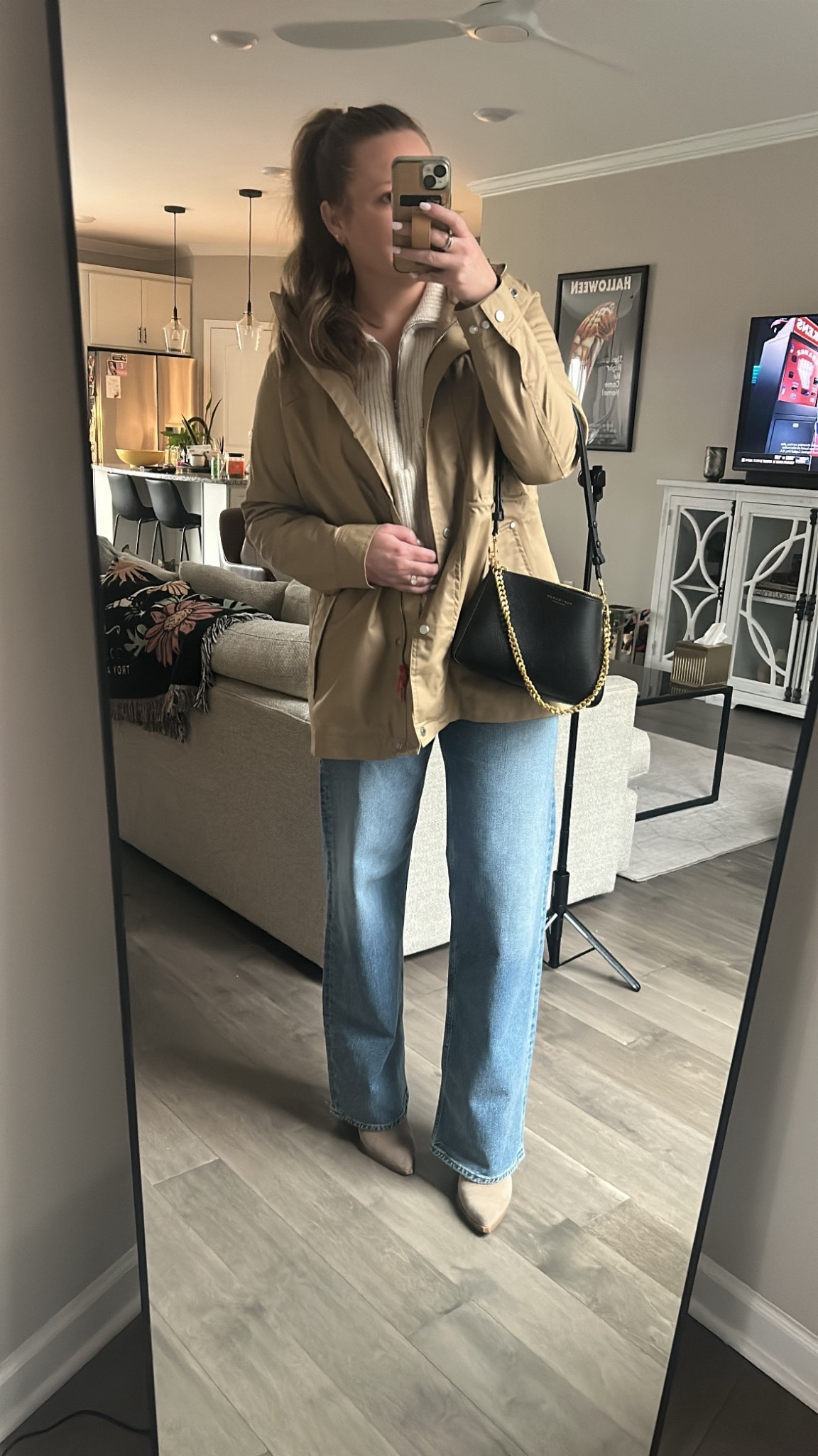 Rain coat (waist cinches) tts wearing a medium
Half zip sweater tts wearing a medium 
Wide leg jeans / tts wearing a 28
Suede booties / tts
Black shoulder bag

#LTKdayinmylife #LTKSeasonal #LTKootd