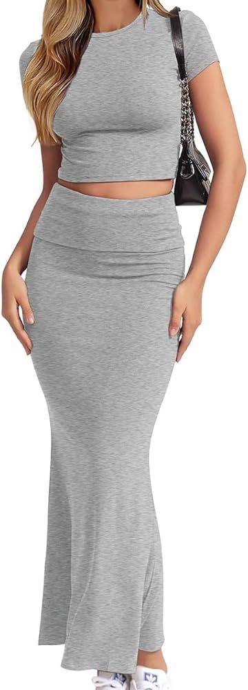 CHYRII Womens Two Piece Sets Short Sleeve Crewneck Cropped Top Bodycon Fold Over Maxi Skirt Maxi ... | Amazon (US)