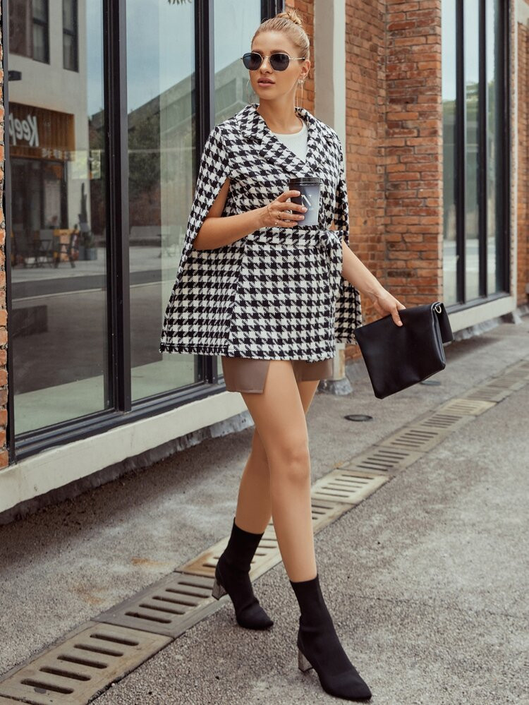 Houndstooth Pattern Belted Tweed Cape Coat | SHEIN