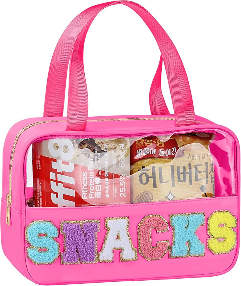 Snack Bag for Travel - Chenille Letter Clear Makeup Bag, Large Preppy Patch Snack Cosmetic Bag with Handle and Zipper, Cute Makeup Pouch Nylon&PVC Waterproof Toiletry Organizer Storage for Women Girls | Amazon (US)