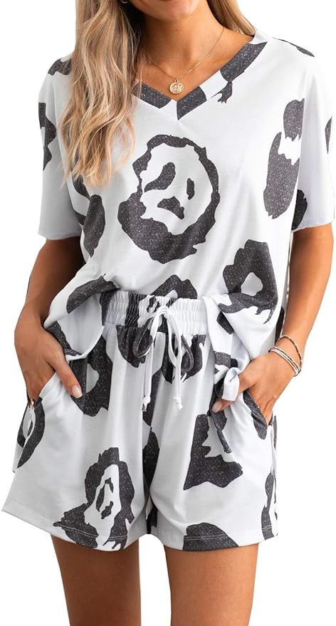 PRETTYGARDEN Women’s Leopard Print Two Piece Pajamas Set Short Sleeve Tops With Drawstring Shor... | Amazon (US)