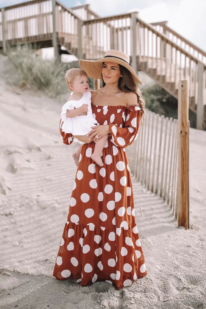 CAITLIN COVINGTON X PINK LILY Bluff Walk Brown Polka Dot Off The Shoulder Maxi Dress | Pink Lily