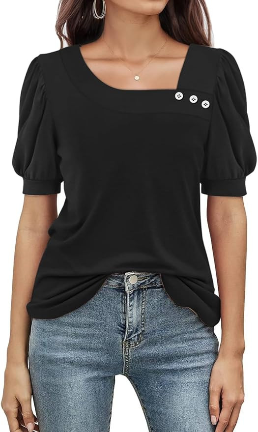 ETCYY Womens Petal Sleeve Tops Spring 2026 Trendy T Shirt Casual Summer Loose Fit Square Neck But... | Amazon (US)