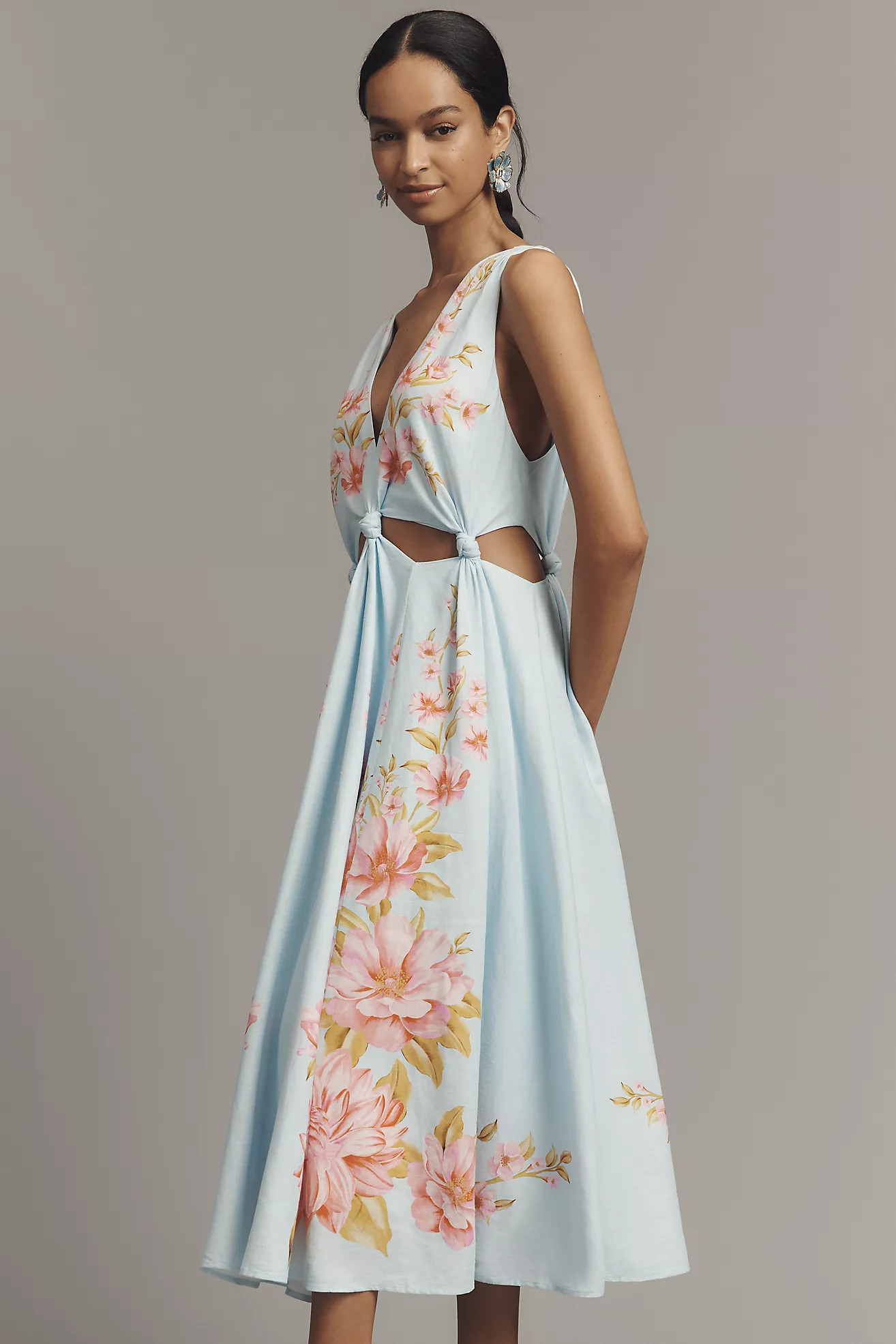 Farm Rio x Anthropologie Linen Blend V-Neck Cutout Midi Dress | Anthropologie (US)