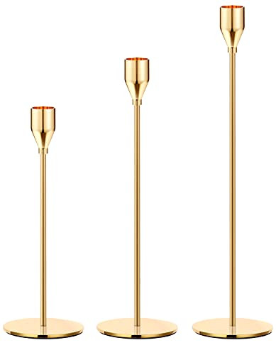 Oatnauxil Gold Candle Holders Gold Taper Candle Holder Metal Candle Holder for Wedding, Dinning, Party, Fits 3/4 inch Thick Candle&Led Candles (Set of 3 Pcs) | Amazon (US)