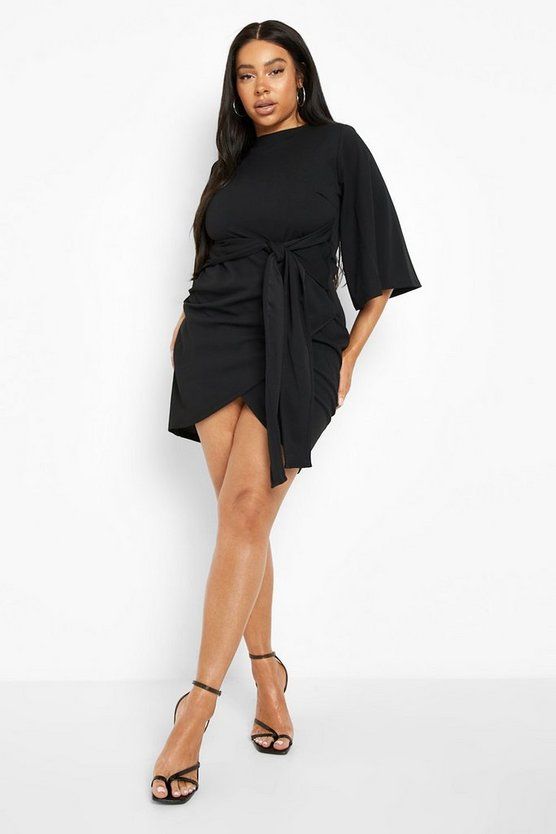 Plus Kimono Sleeve Tie Waist Wrap Dress | Boohoo.com (US & CA)