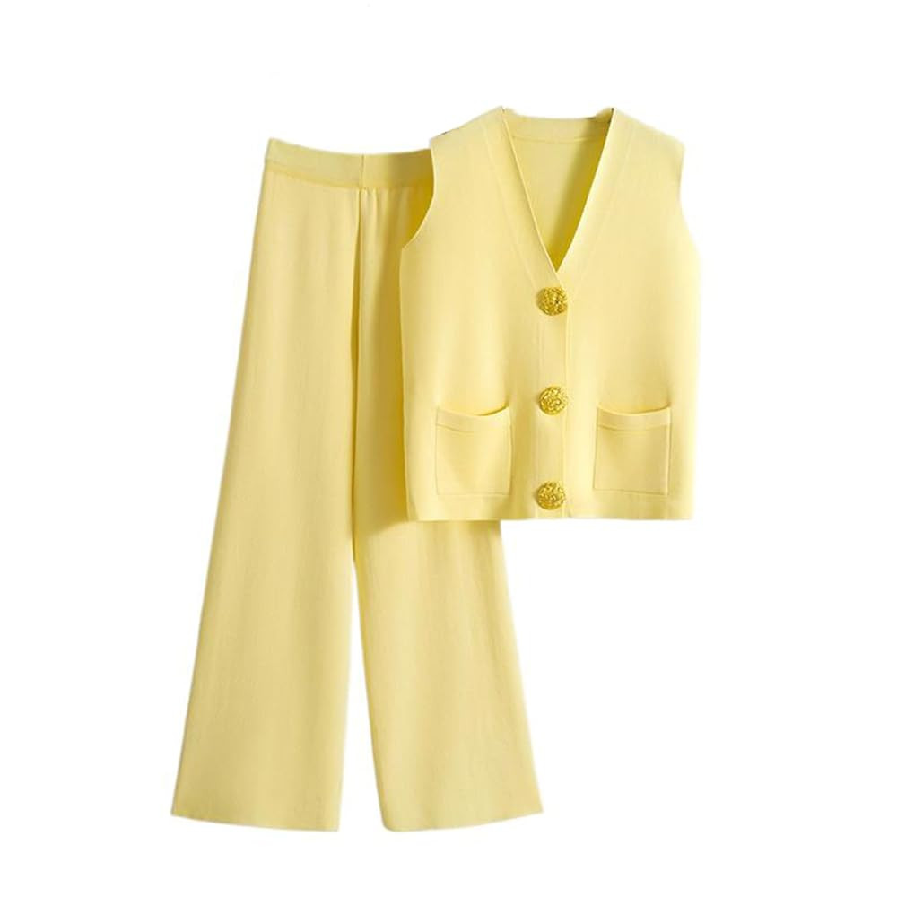 CHONG FENG XIA Women's Sweater Set Button V-Neck Knitted Vest with Casual Knitted Pants Knit Sets | Amazon (US)