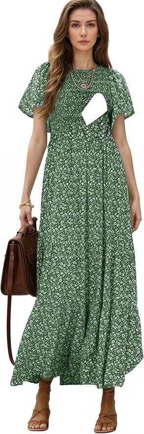 Womens Nursing Dress Summer Floral Print Short Flutter Sleeve Crew Neck Smocked High Waist Flowy ... | Amazon (US)