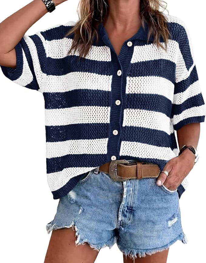 Cicy Bell Womens Summer Striped Crochet Cardigan Tops Button up Cover up | Half Sleeve，Loose Fi... | Amazon (US)