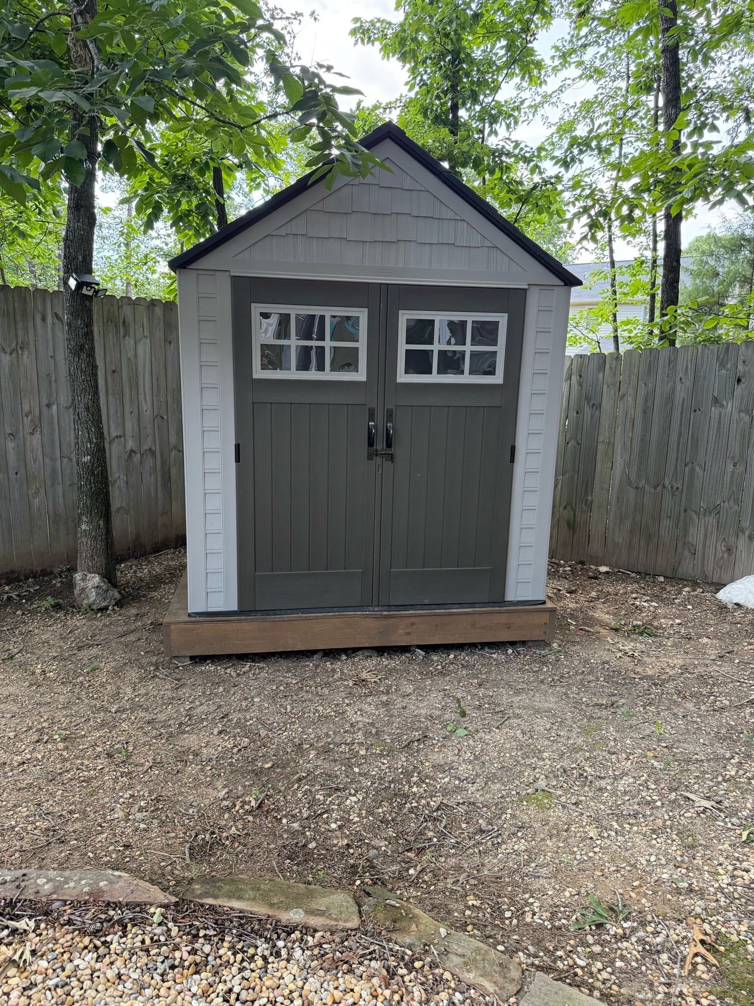 We finished the storage shed assembly 
This corner had sloped ground, so we have a “mini deck” built by a friend first- having a level surface is 100 perfect necessary or the shed won’t fit together correctly. 

It comes in two sizes, we got the 7x7
We secured it to the deck with 4” bolts (linked also)

#LTKSeasonal #LTKHome #LTKmomlife