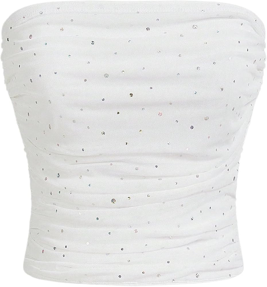 Floerns Women's Rhinestone Sleeveless Bandeau Party Corset Strapless Tube Sequin Top | Amazon (US)