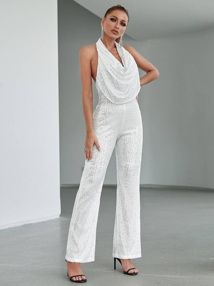 Double Crazy Draped Front Halter Neck Backless Sequin Jumpsuit | SHEIN