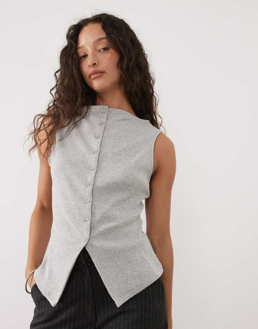 ASOS DESIGN long line ribbed boat neck button up tank in gray | ASOS (Global)