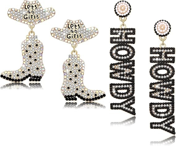 2 Pairs Western Cowgirl Earrings for Women Sparkly Rhinestone Cowboy Boot Hat Dangling Earrings F... | Amazon (US)