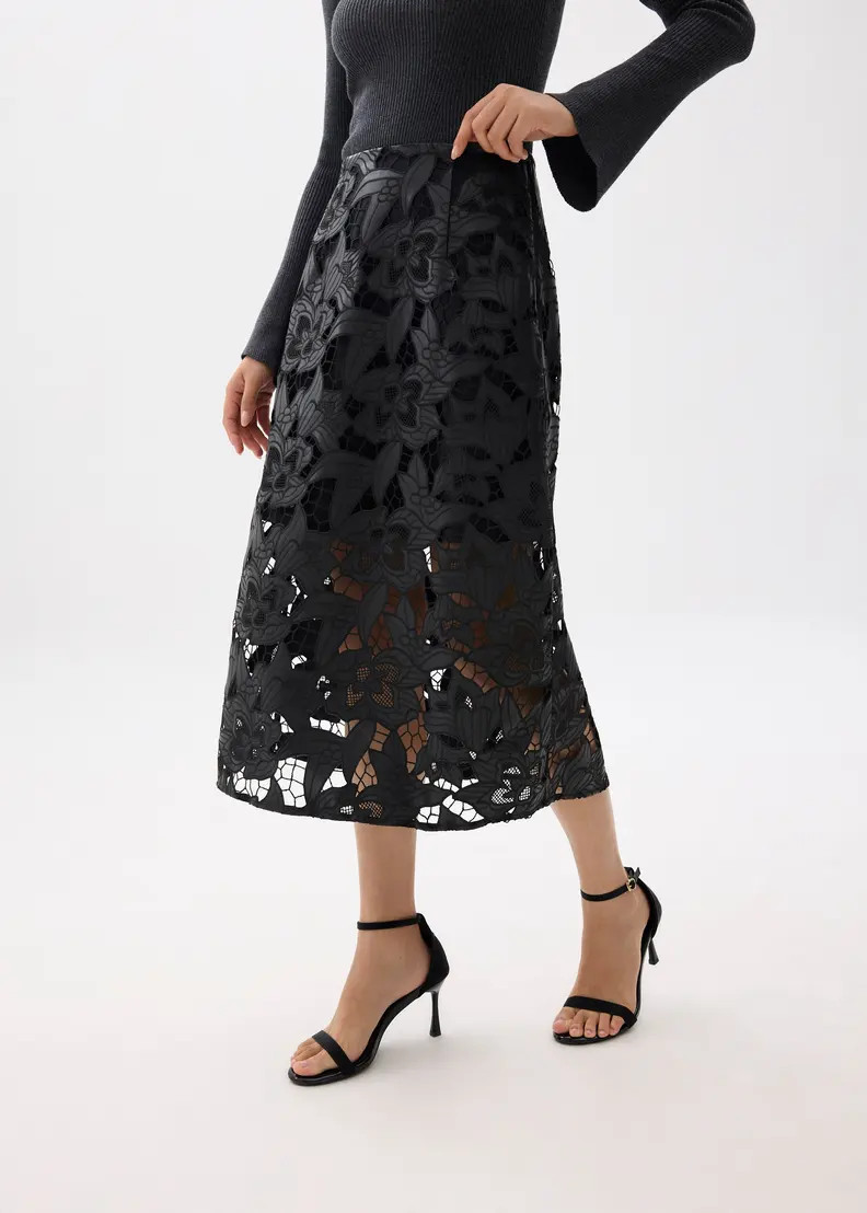 Vegan Leather Lace A-line Midaxi Skirt | LOVEBONITO SINGAPORE PTE LTD
