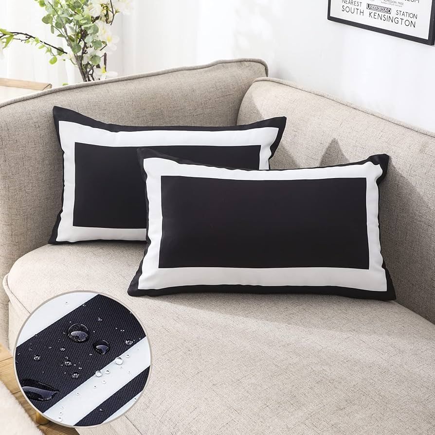 JOJOGOGO Black Outdoor Lumbar Pillow Covers 12x20 Waterproof Set of 2 Black and White Rectangle O... | Amazon (US)