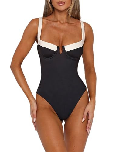 HYPERFIRE Women's High Cut Cheeky One Piece Swimsuit Underweired Swimwear Push up Bathing Suit Black and White Medium | Amazon (US)