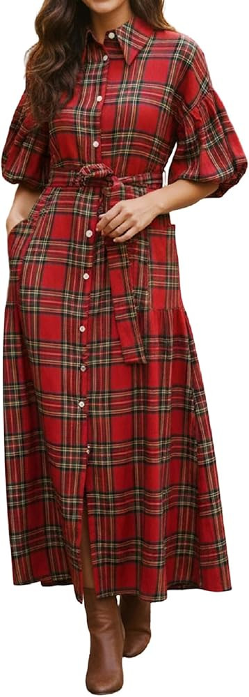 Christmas Plaid Maxi Dress with Belt for Women Half Sleeve A Line Flowy Dress Collared Checker Sh... | Amazon (US)