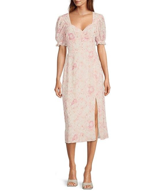 Embroidered Floral Print Sweetheart Neck Short Puff Sleeve Thigh High Slit Midi Dress | Dillards