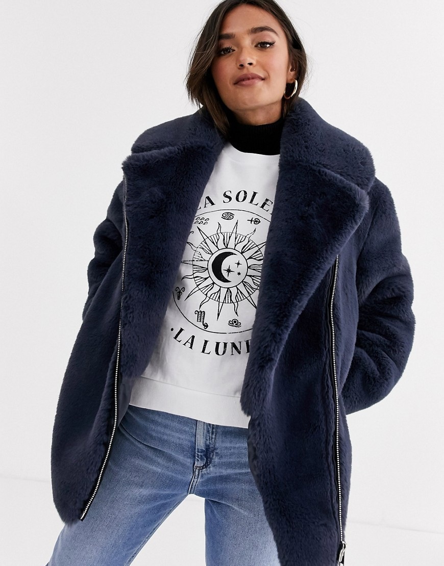 ASOS DESIGN biker in faux fur coat in gray | ASOS (Global)
