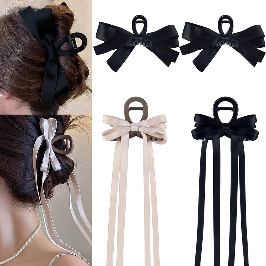 4Pcs Bow Hair Claw Clips Big Black Claw Clips for Thick Thin Hair Women Large Claw Barrettes Non Sli | Amazon (US)