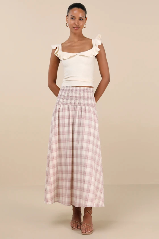 Mayden Pink and Cream Plaid Smocked Maxi Skirt | Lulus
