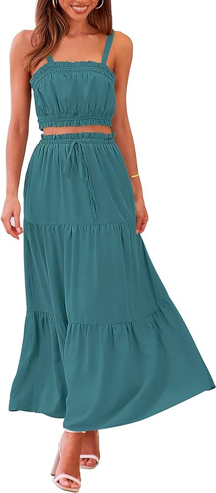 MEROKEETY Women 2 Piece Outfits Sleeveless Crop Top High Waist Long Skirt Set With Pockets | Amazon (US)