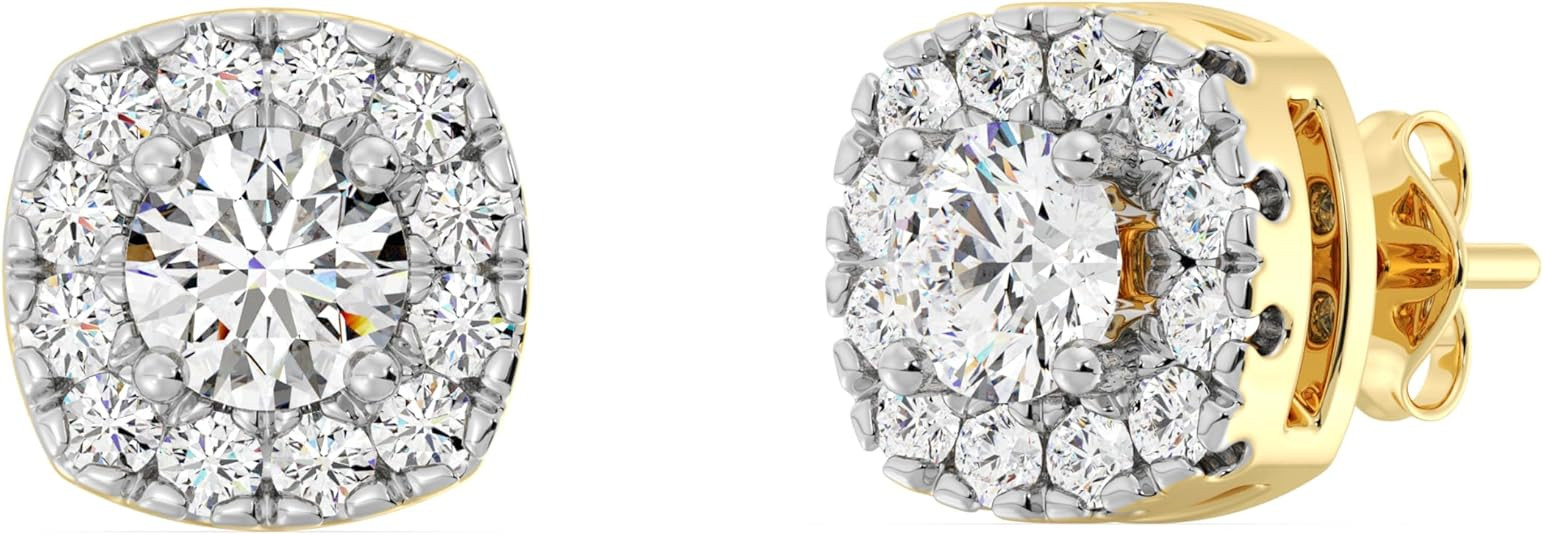 GildedLab-Grown Diamond Cushion Halo Stud Earrings for Women, Round Cut, 4-Prong, Push Back, 925 ... | Amazon (US)