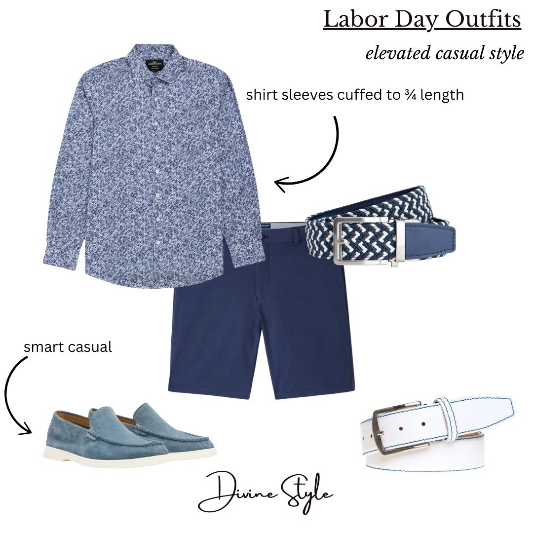 Men’s smart, casual outfit fur Labor Day weekend into fall. Classic combination of casual print shirt with sleeves cuffed worn with tailored blue shorts. Belt it or wear untucked and slip into fashion sneakers or yacht loafers. #labordayoutfit

#LTKSeasonal #LTKMens #LTKShoeCrush